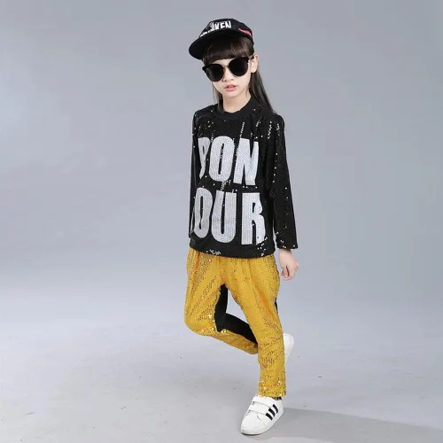 Vista 5 de LOLANTA Disfraz de baile para niños y niñas, ropa de hip hop con lentejuelas de los años 80 y 90, trajes brillantes de baile