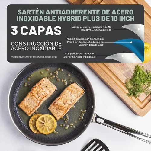 Vista 2 de Viking Sartén antiadherente de 3 capas, 10 pulgadas de acero inoxidable híbrido plus para cocina, plateado