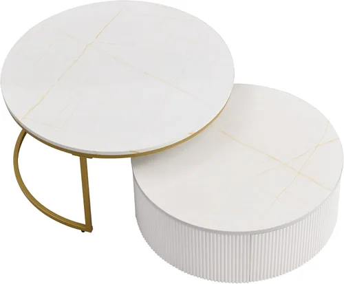 Vista 9 de Moderna mesa de centro redonda anidable acanalada con cajón en blanco y dorado en 27.6 pulgadas