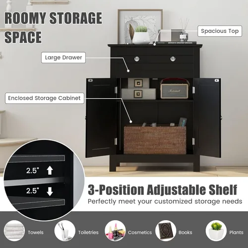 Vista 4 de GOFLAME Gabinete de almacenamiento de madera para baño, moderno armario organizador de baño con estante ajustable de 3 alturas, cajón y estante de 2