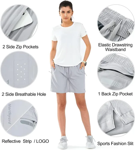 Vista 4 de NORTHYARD Pantalones cortos deportivos de senderismo para mujer, de secado rápido, ligeros, para gimnasio, entrenamiento, con 3 bolsillos