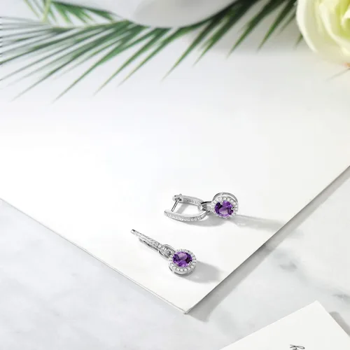 Vista 4 de Gem Stone King Aretes colgantes de plata de ley 925 con amatista púrpura y zafiro blanco para mujer