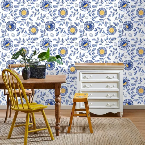 Vista 7 de VaryStyle Papel tapiz de limón de 17.7 x 118 pulgadas, color azul brillante/amarillo, hojas de cítricos, papel tapiz para despegar y pegar, papel