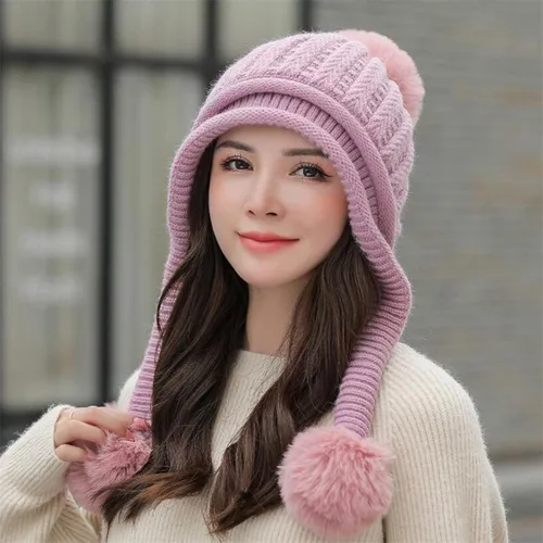 Vista 3 de Gorro de invierno para mujer, diseño de bufanda redonda peruana, gorro de oreja, gorro de esquí, forro polar doble con 3 gorras de pompones