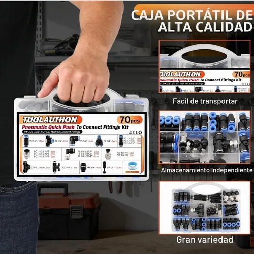 Vista 8 de Kit de accesorios de manguera de aire de empuje para conectar 70 piezas, 1/4 1/8 3/8 1/2 pulgadas de diámetro exterior neumático surtido con roscas