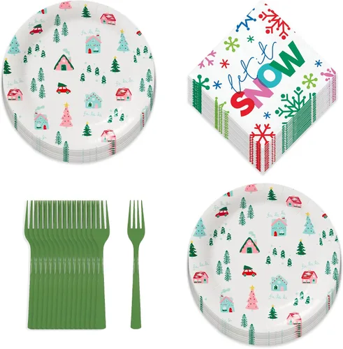 Vista 23 de HOME & HOOPLA Platos y servilletas de papel grandes para fiesta de Navidad, diseño calmado y brillante en verde y dorado moderno (para 16 personas)