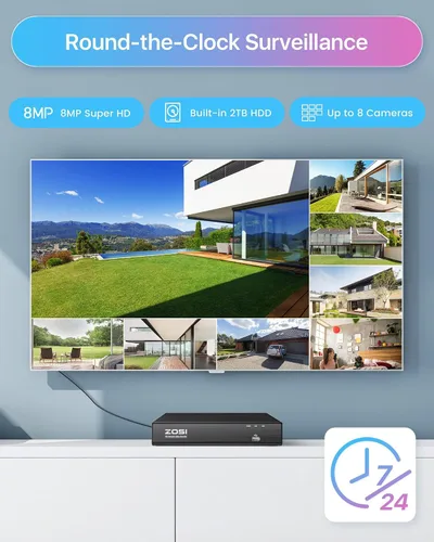 Vista 4 de ZOSI Sistema de cámara de seguridad para el hogar PoE de 8 canales 8MP 4K PoE al aire libre, 8 cámaras IP domo PoE con cable de 5 MP (3K), NVR PoE