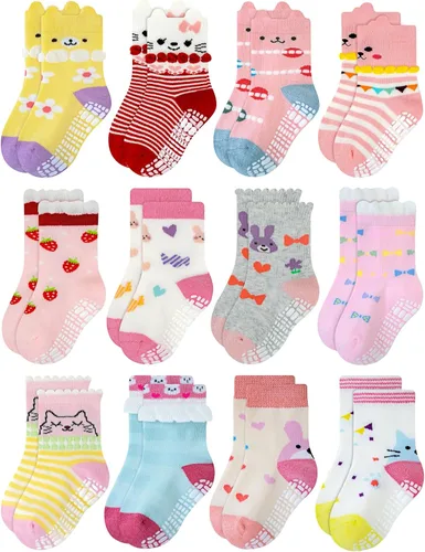 Vista 13 de RATIVE Calcetines de algodón antideslizantes antideslizantes con puños para bebés, niños y niñas