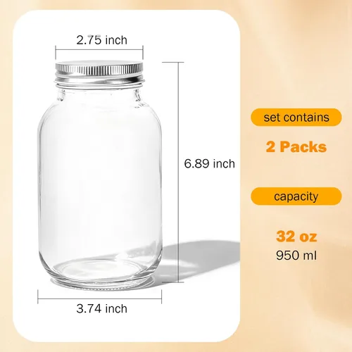 Vista 2 de Tarros Mason con tapas de 32 onzas, paquete de 2 tarros de vidrio de boca regular para almacenamiento de alimentos, jugo, mermelada, dulces