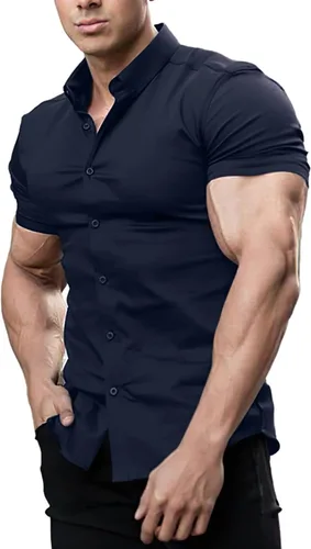 Vista 3 de Casual Men's Muscle Fit Dress Shirts Short Sleeve Athletic Fit Button Down Shirts