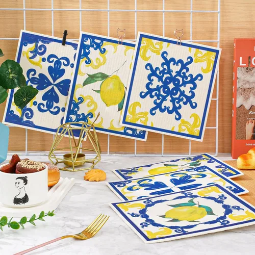 Vista 4 de AnyDesign Paquete de 6 paños de cocina suecos con azulejos azules y blancos de limón, reutilizables, lavables, de algodón, para limpieza
