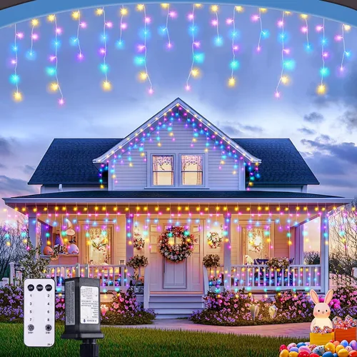Vista 19 de JMEXSUSS 400 luces LED de Navidad de carámbano de 38.8 pies con control remoto, tira de luces multicolor para exteriores enchufables, 8 modos