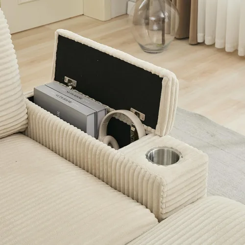 Vista 9 de Sofá seccional de 86.6 pulgadas con 2 otomanas, cómodo sofá convertible modular Cloud tapizado de pana con portavasos y USB, almacenamiento