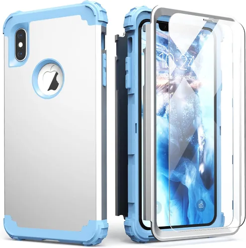 Vista 18 de IDweel Funda para iPhone Xs Max con protector de pantalla de vidrio templado, absorción de golpes 3 en 1, protección resistente, cubierta de Negro