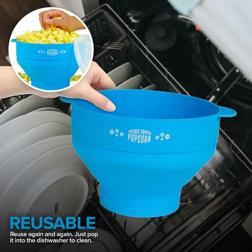 Vista 7 de Palomitas de maíz de silicona para microondas (azul) para hacer palomitas de maíz, no requiere aceite, cuenco plegable con tapa, reutilizable, sin