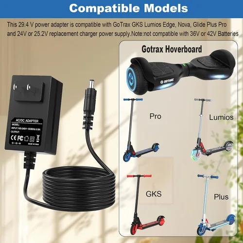 Vista 2 de Cargador de 29.4V para Hoverboard Gotrax compatible con Gotrax GKS Lumios/Plus/Pro/Edge/Nova/Glide 24V y 25.2V Baterías Cable adaptador de corriente