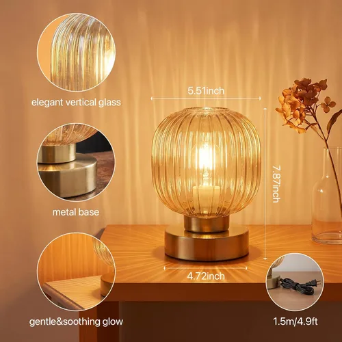 Vista 6 de Elenhome Lámpara de mesa táctil, regulable de 3 vías con pantalla de vidrio, base de acabado de latón, lámpara de mesita de noche pequeña moderna