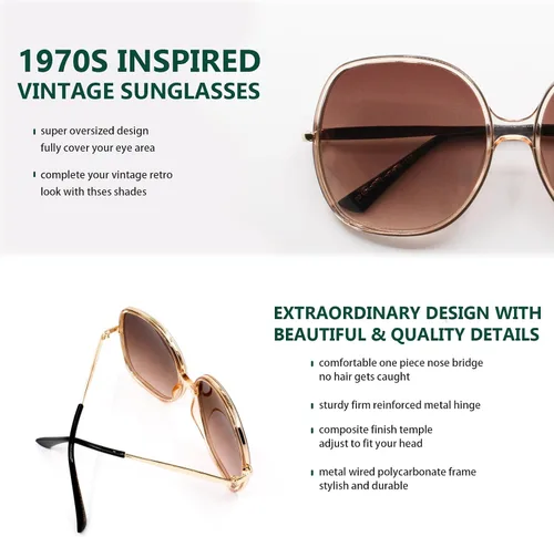 Vista 5 de Freckles Mark Gafas de sol cuadradas de gran tamaño de los años 70 para mujer, marco de plástico rectangular vintage