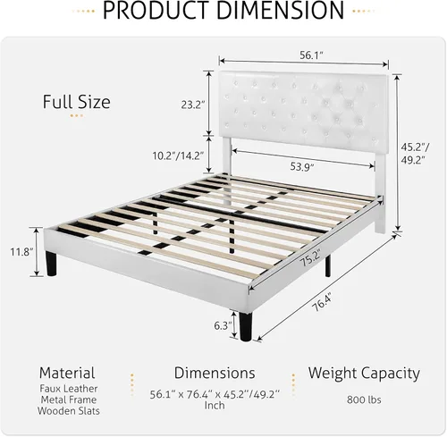 Vista 2 de SHA CERLIN Base de cama tamaño completo con cabecera capitoné con botones, base de colchón tapizada en cuero sintético, base de cama de plataforma