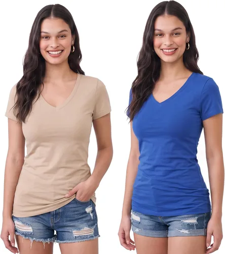 Vista 89 de Emmalise Camiseta de manga corta para mujer, cuello en V, tallas junior y plus