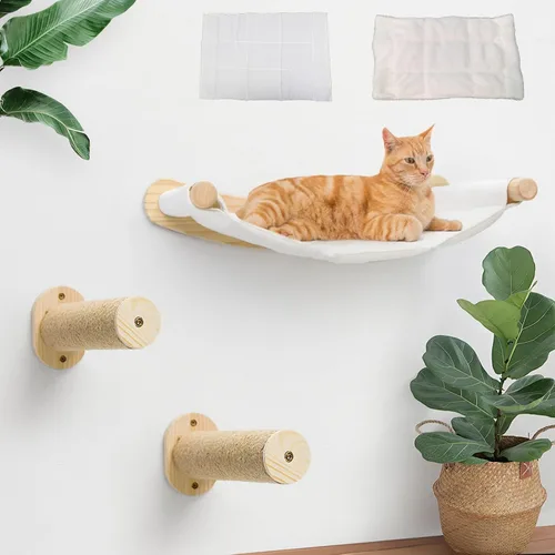 Vista 12 de Hamaca de pared para gatos, 2 estantes de escalada para gatos, estantes de pared grandes para cama y tabla rascadora para escalar, dormir, jugar