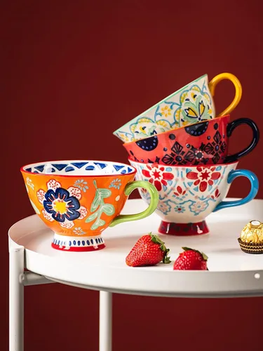 Vista 3 de Tazas de café de cerámica de gran capacidad pintadas a mano con patrón floral – Tazas jumbo, té, leche, cereales, taza de desayuno, juego de 4 – 14