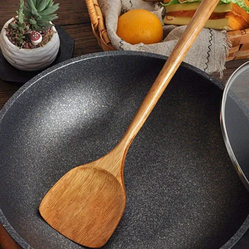 Vista 6 de Espátula antiadherente de madera larga, herramientas antiadherentes para sartén de mano Wok, utensilios de cocina (A)