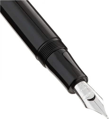 Vista 3 de Conklin Toledo - Pluma estilográfica en negro con segmentos de anillo azul y blanco, punta media, pluma estilográfica de lujo con detalles cromados