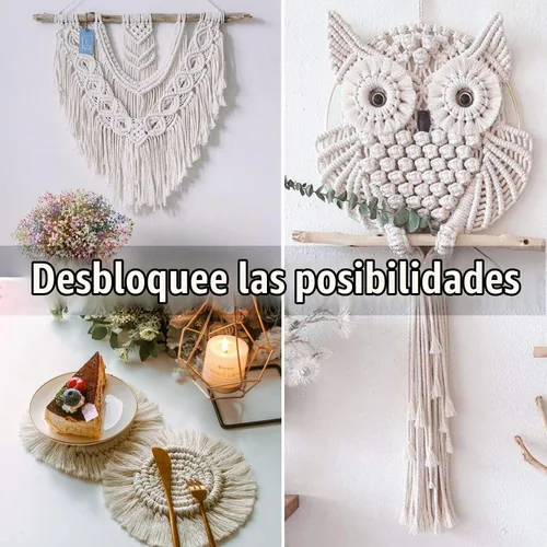 Vista 4 de Cordón de algodón para macramé de 0.118 in x 547 yardas, sin teñir, suave de 4 hebras trenzado, 100% algodón natural para colgar en la pared hecho a