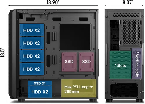 Vista 6 de DARKROCK Classico Storage Master ATX NAS Caja de Computadora Mid Tower con 4x120mm Ventiladores, USB 3.0 Listo 10 x3.5'' HDD+3 x2.5'' SDD 360mm