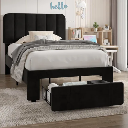 Vista 17 de VECELO Base de cama tapizada de tamaño matrimonial con 4 cajones y cabecero, plataforma de terciopelo, soporte de listones de madera, no necesita