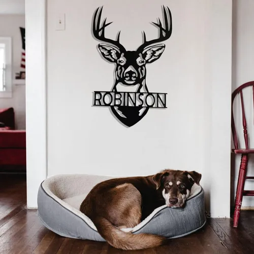 Vista 3 de Letrero de metal con cabeza de ciervo, decoración de cabeza de ciervo, monograma personalizado, inspirado en cazador, arte de pared de metal