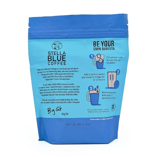 Vista 10 de STELLA BLUE Café fresco frío Mezcla de gato grande 100% arábica tostado medio Paquetes de café molido Notas de caramelo avellana y acabado