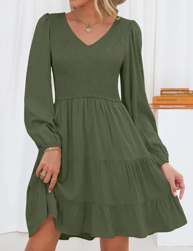 Vista 7 de ZESICA - Minivestido casual con cuello en V y manga larga para mujer, fruncido, de cintura alta y con volantes, vestido acampanado y escalonado