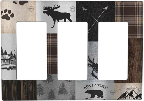 Vista 35 de Cubiertas de pared de lodge rústico retro con diseño de osos, ciervos y animales salvajes. Placas de pared dúplex simples para interruptor de luz.