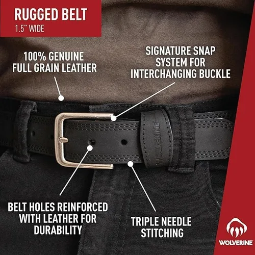 Vista 4 de Wolverine Men's Full Grain Leather Work Belt Workwear Heavy Duty Utility Rugged Durable Metal Buckle
