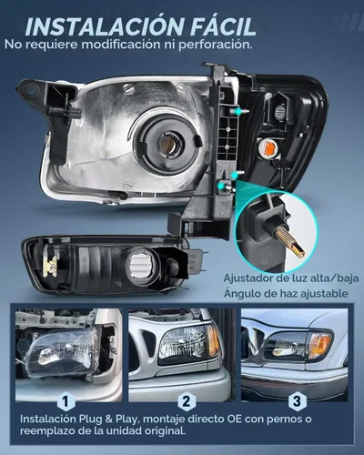Vista 3 de Nilight Combo de faros delanteros y luces traseras para Toyota Tacoma 2001 Carcasa negra + reflector ámbar con luz trasera