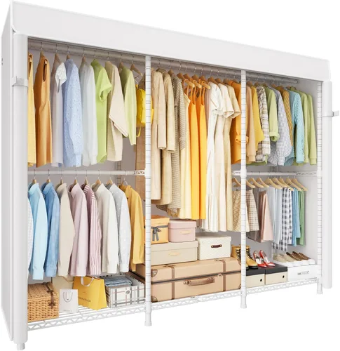 Vista 13 de ULIFHOME E14C - Sistema organizador de armario resistente, estantes de ropa independientes para colgar ropa, perchero ajustable de 58 pulgadas
