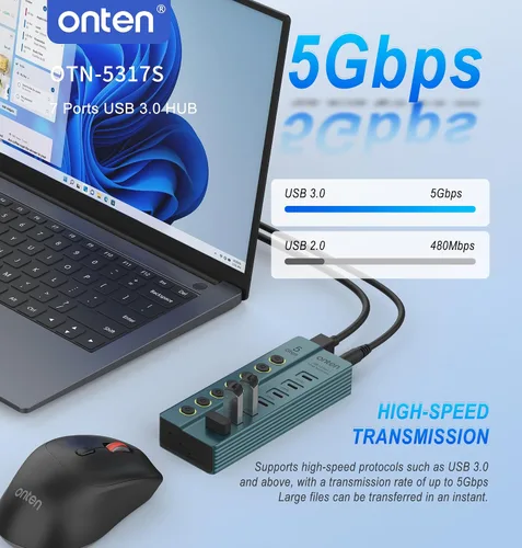 Vista 3 de Onten Hub USB-C 3.0 de 7 puertos, transferencia de datos de alta velocidad de 5 Gbps, interruptores independientes, amplia compatibilidad