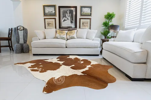 Vista 2 de Sunshine Cowhides Alfombra de piel de vaca 100% auténtica, color marrón y blanco, alfombra de estilo moderno de piel de animal y alfombra para sala