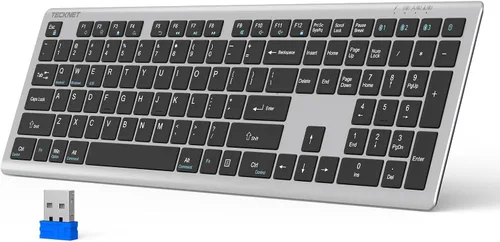 Vista 11 de TECKNET Teclado Bluetooth recargable, conmutación libre de 4 dispositivos (2.4G+BT), teclado inalámbrico ultradelgado de tamaño completo, escritura
