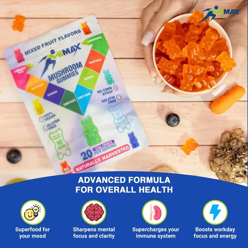 Vista 5 de Ashwagandha and Lions Mane - Gomitas de hongos para adultos – Orgánicas – Reishi, Maitake, Chaga, Cordyceps, Shiitake, cola de pavo – Apoyo