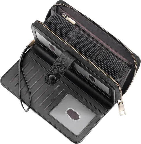 Vista 10 de SENDEFN Cartera de piel con cierre RFID para mujer, con cierre de cremallera, de gran capacidad, con correa para la muñeca, Marrón, Classic