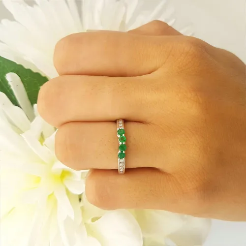 Vista 3 de Anillo redondo de oro de 14 quilates con esmeralda y diamantes para mujer, anillo de boda, Oro, Esmeralda