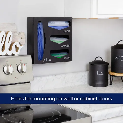 Vista 3 de AuldHome Design Enamelware Organizador de bolsas de cocina (negro), soporte estilo granja compatible con cierre de cremallera para almacenamiento