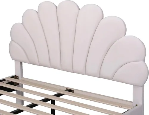 Vista 8 de Cama de plataforma tapizada de tamaño matrimonial con cabecera de terciopelo, no necesita somier, color beige