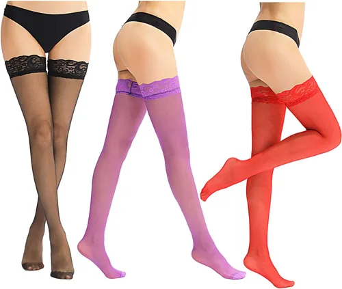 Vista 3 de Boao 6 pares de medias altas hasta el muslo para mujer, de silicona, con encaje, multicolores, Multicolorido