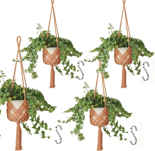 Vista 9 de Maceta Colgante con Patrones, Juego de 4 Colgadores de Macramé para Plantas de Interior, para Macetas de hasta 8 Pulgadas, Soporte de Ganchillo Boho
