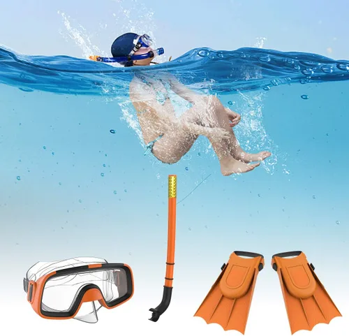Vista 6 de Niños Niños Natación Buceo Snorkel Respiración Tubo Aletas Buceo Juego de lentes, Naranja