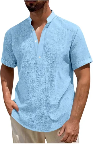Vista 9 de Camisa hawaiana para hombre, manga corta, cuello en V, cuello en V, camisas de lino con botones, camisetas de crucero, camisetas casuales bohemias